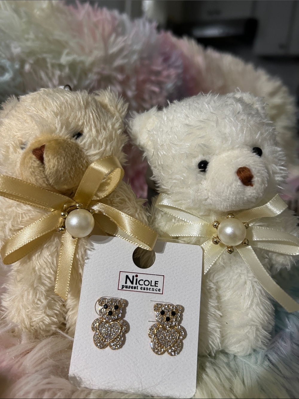 Nicole Cream and Gold Teddy Bear Crystal Stud Earrings